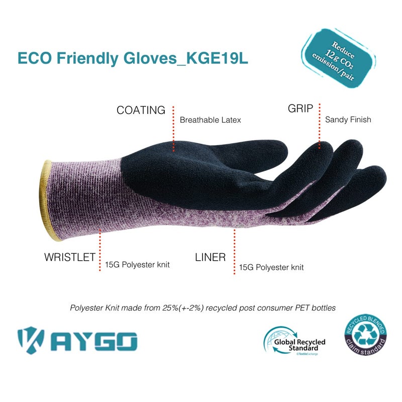 KAYGO Work Gloves for Women KGE19L Eco Friendly Gloves with Breathable Rubber Coated, 12 Pairs,small,purple - Image 2